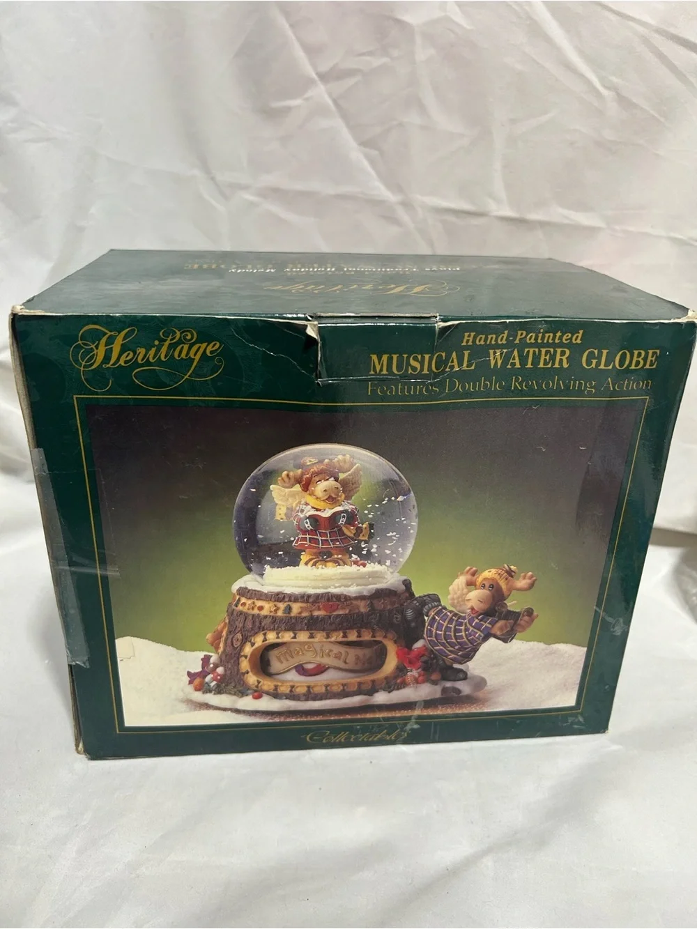 Vintage Heritage Musical Water Globe Moose Angel Carolers Double Revolving